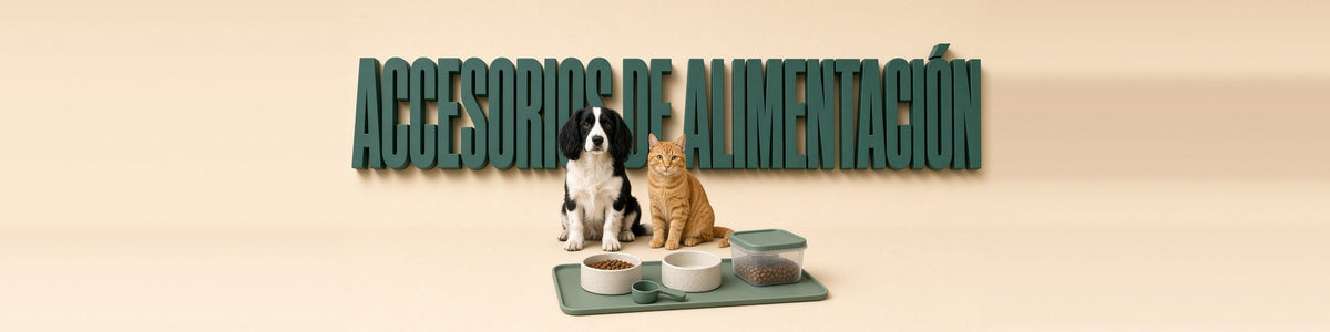Perro y gato junto a cuencos y un dosificador, ACCESORIOS DE ALIMENTACIÓN