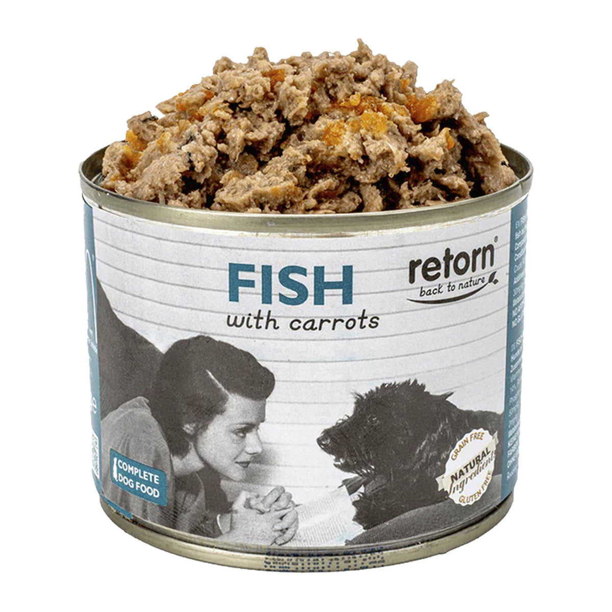 Retorn comida húmeda para perros de pescado con zanahorias